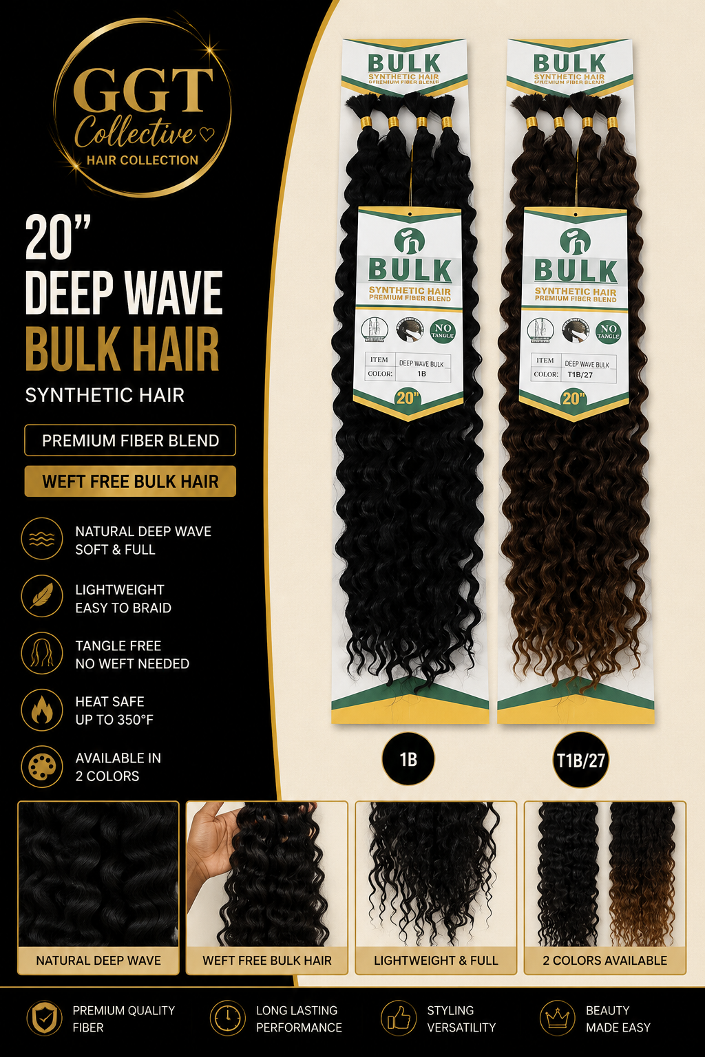 20” Synthetic Deep Wave Bulk (no weft) Braiding Hair 4 Pack