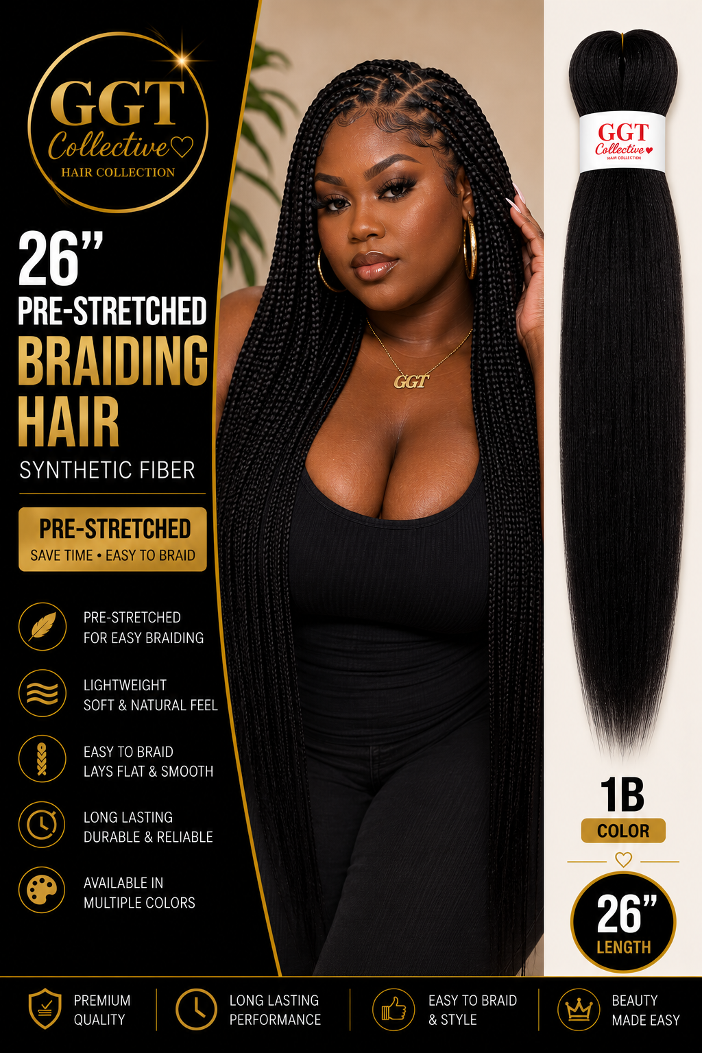 26” Pre Stretched Braiding Hair 6 pack 1B