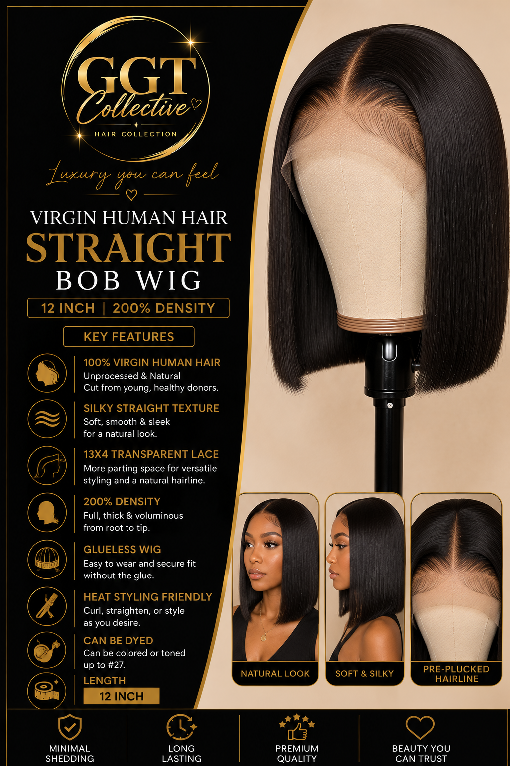 12” Straight Human Hair Wig | 13x4 Transparent Lace | Glueless | 200% Density