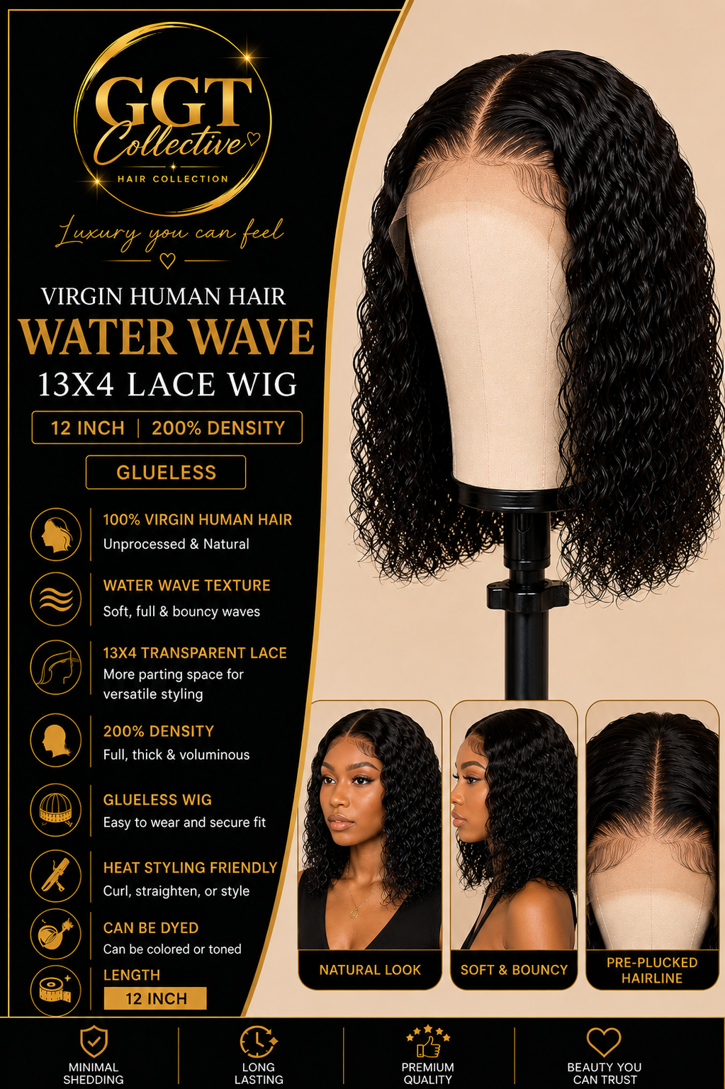 12” Water Wave Human Hair Bob Wig | 13x4 Transparent Lace | Glueless | 200% Density