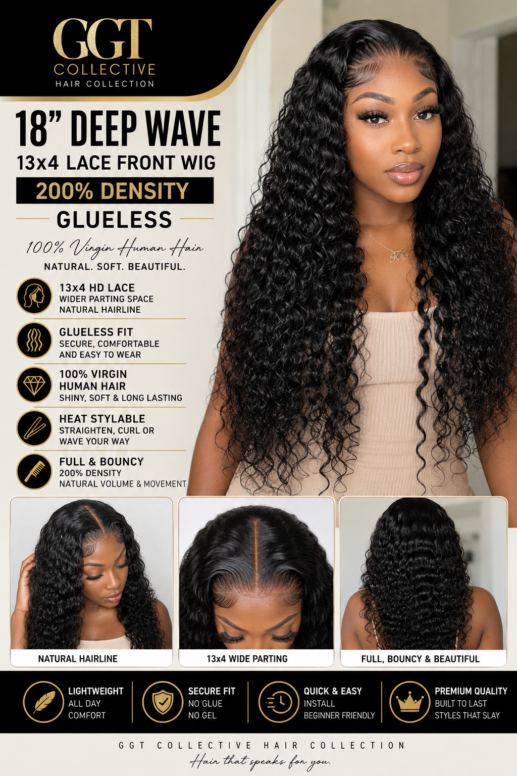 Premium Collection 18” Deep Wave Human Hair Wig | 13x4 Transparent Lace | 200% Density | Glueless
