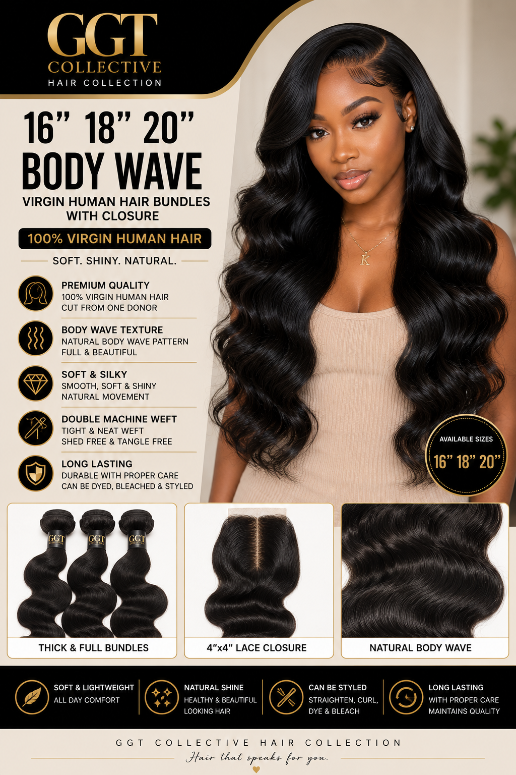 Premium Collection 100% Virgin Human Hair-Body Wave-3 Pack with 16” Transparent Closure