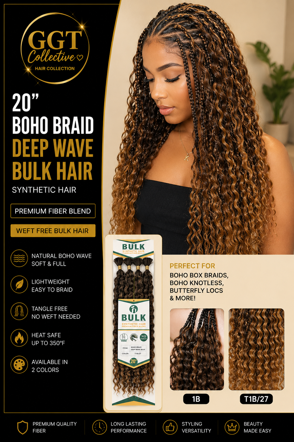 20” Synthetic Deep Wave Bulk (no weft) Braiding Hair 4 Pack
