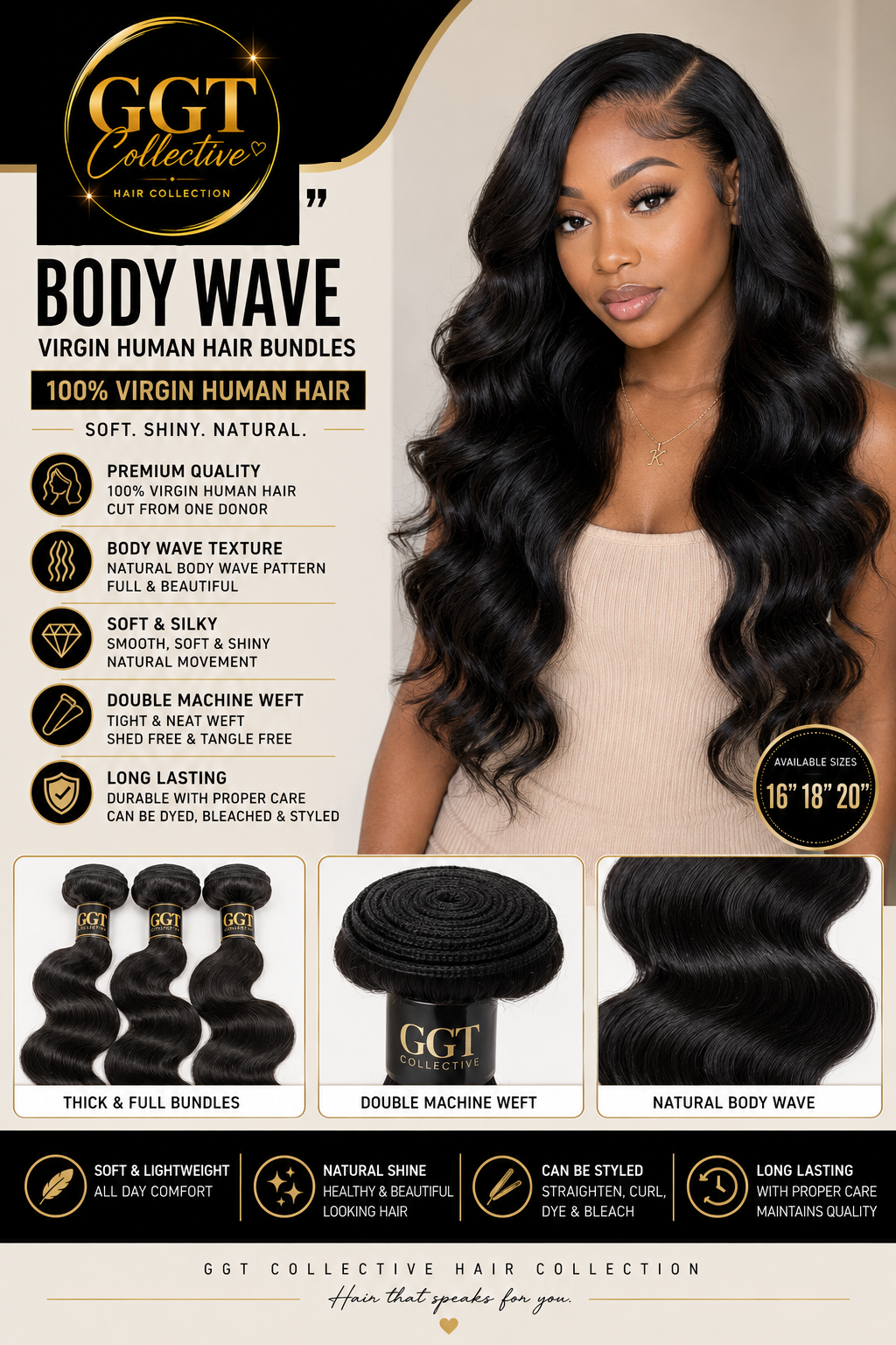 Premium Collection 100% Virgin Human Hair-Body Wave-3 Pack- 16” 18” 20”