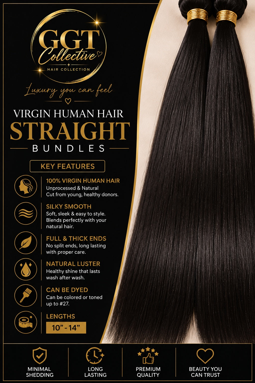 100% Virgin Human Hair- Straight- 3 Pack 10” 12” 14”