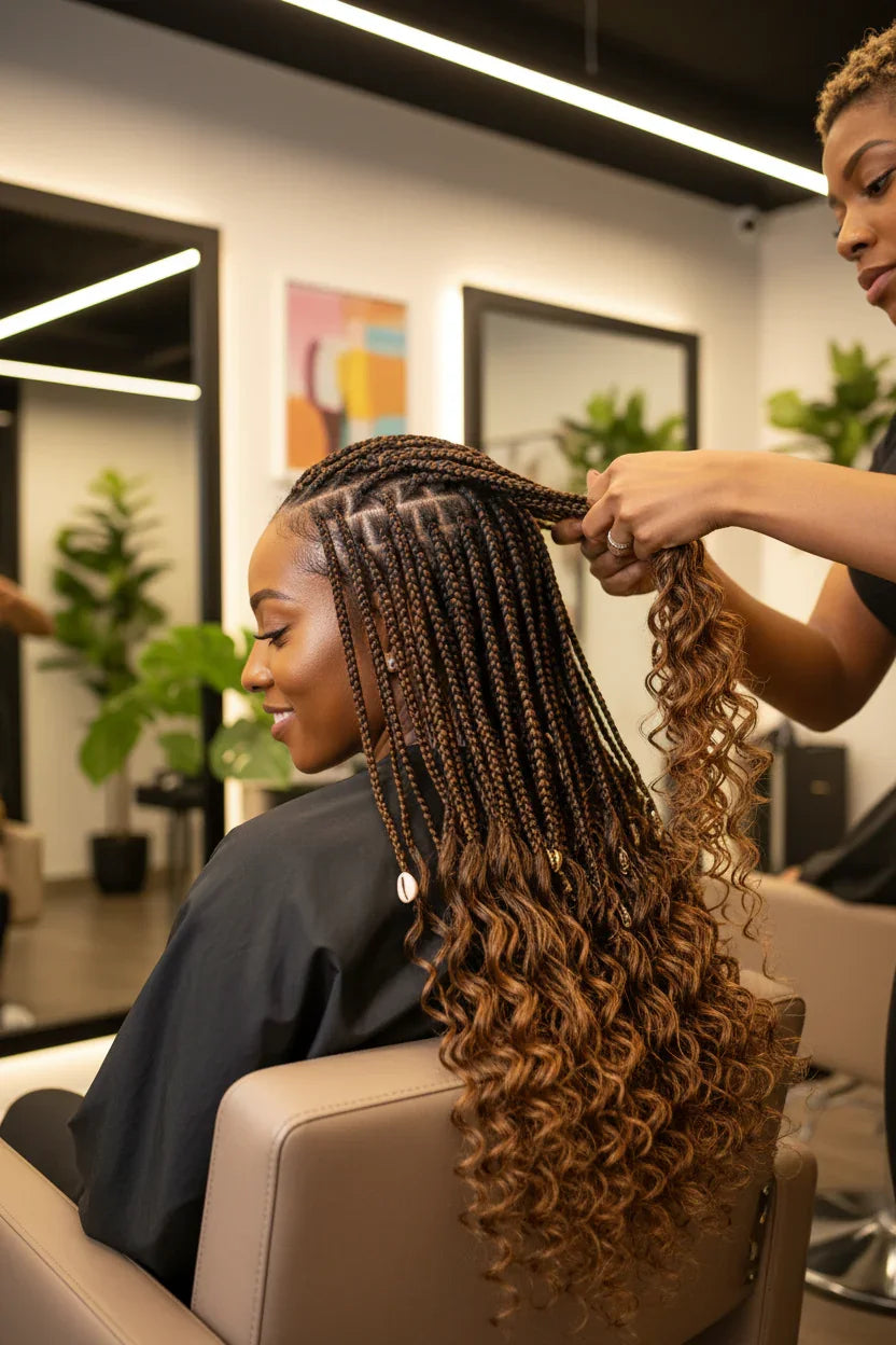 Woman getting boho braids with curly ends in salon
